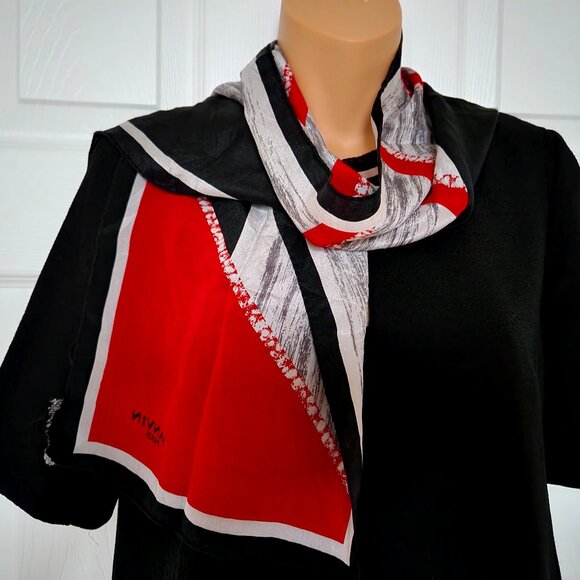 LANVIN PARIS VINTAGE 100% SILK WOMAN SCARF BLACK, GRAY AND RED GEOMETRIC DESIGN - Picture 1 of 6